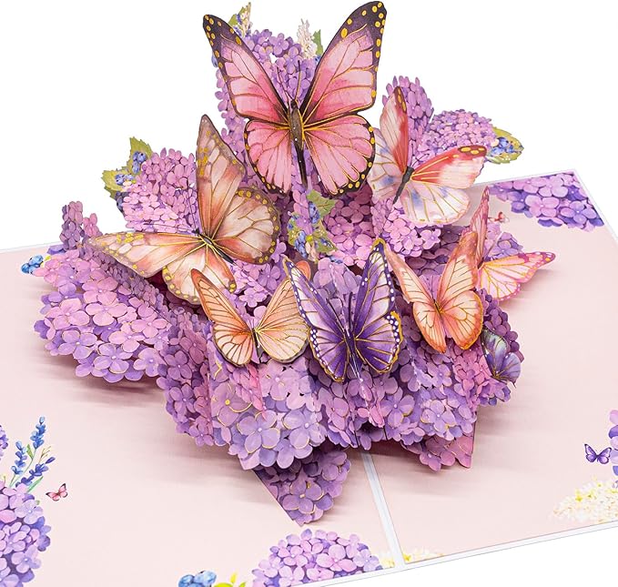 Purple Hydrangea and Butterfly Pop-Up Card, Romantic Floral Greeting Card, Butterflies Flower Card for Birthdays, Anniversaries, Weddings, Thank You, and Special Occasions