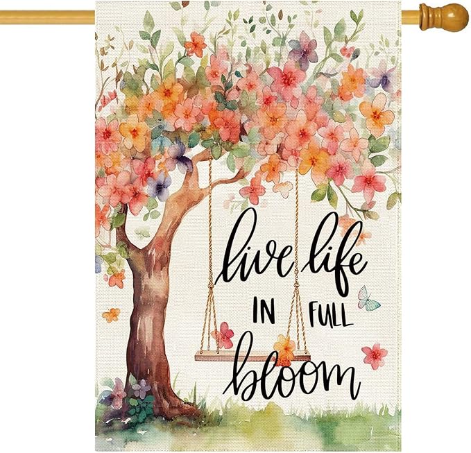 Baccessor Spring Summer House Flag, Flower Tree Swing Butterflies Floral Large Yard Flag for Outside Double Sided Burlap Outdoor Porch Decor 28 x 40 Inch