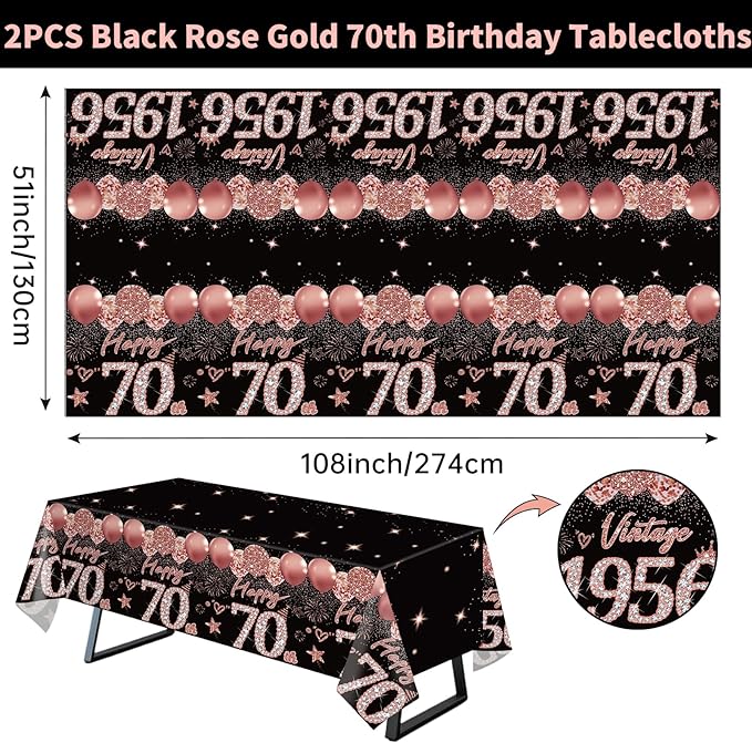 2pcs 70th Birthday Tablecloth, Black Rose Gold 70th Birthday Decorations for Woman Vintage 1956 Table Cloth Plastic Rectangular Table Cover Happy 70 Anniversary Party Supplies