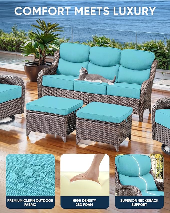 Luxury 22x24/22x25 6-Inch Smile Patio Cushions for Outdoor Furniture Set of 6 - Thick Back & Deep Seat Outside Chair Cushions for Rattan Glider Loveseat Sectional Sofa - Turquoise