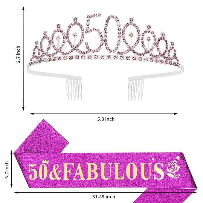 Casoty 50th Birthday Sash and Tiara, 50th Birthday Party Decorations for Women, 50 and Fabulous Sash and Crown Set, 50 Party Supplies for Women, Gifts for Her
