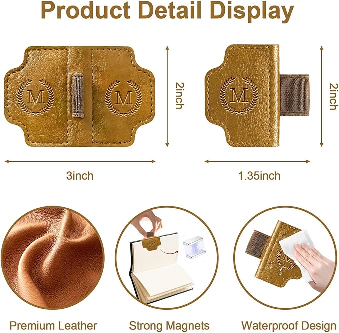 BygoneMark Magnetic Leather Bookmark with Pen Holder, Personalized Custom Initial Page Marker & Pen Clip, Professional Book Accessory for Students (Light Brown-F)
