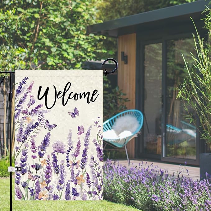 Baccessor Spring Summer Lavender Welcome Garden Flag 12.5 x 18 Inch Double Sided Purple Floral Flower Butterfly Farmhouse Small Burlap Yard Flag Holiday Seasonal Outdoor Outside Decoration