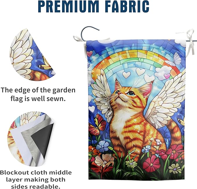 Stained Glass Orange Cat Garden Flag 12x18 Double Sided - Rainbow Bridge Memorial Gift for Loss of Pet - Bereavement Sympathy for Cat Lovers - Seasonal Small Outdoor Flag