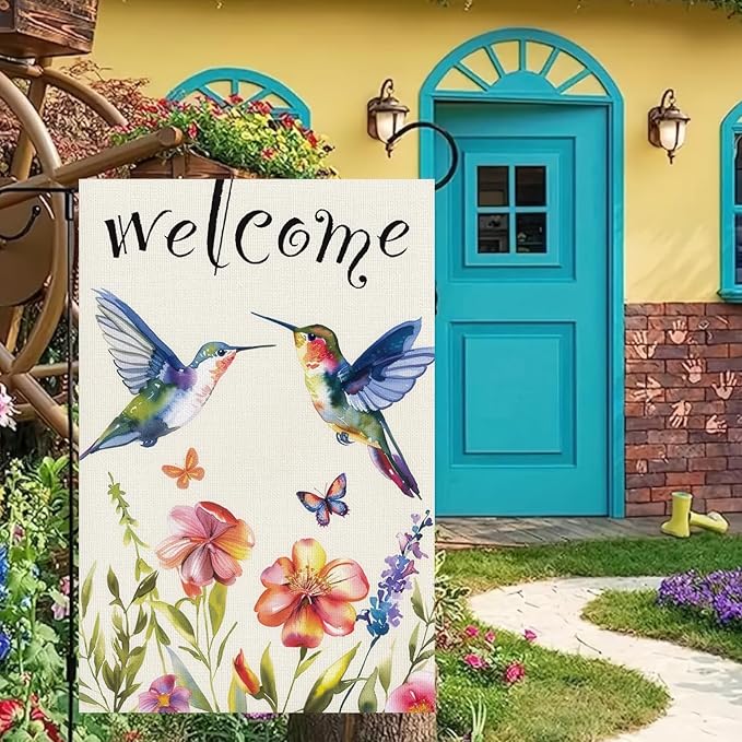 BlissYard Welcome Hummingbird Garden Flag Double-Sided 12 x 18 Flag Spring Garden Flag Hummingbird Garden Flags Floral Flowers Yard Flag Vintage Spring Flag House Seasonal Outside Outdoor Decoration