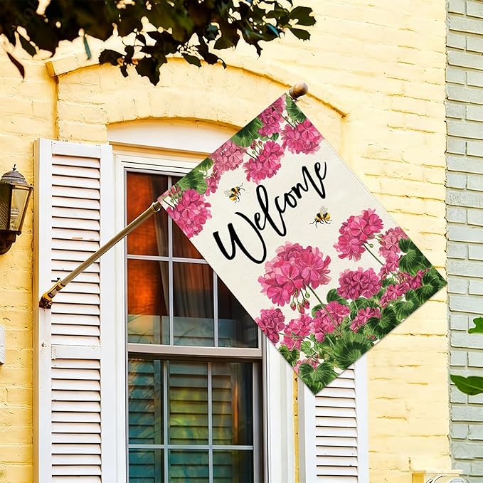Baccessor Spring Summer Geranium Welcome House Flag Double Sided Burlap,Pink Floral Bee Large Garden Flag Seasonal Farmhouse Front Entry Yard Porch Patio Outside Outdoor Decor 28x40 Inch
