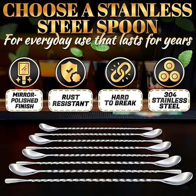 8 Pcs Long Bar Spoons – 12'' Stainless Steel Bar Stirring Spoon for Drinks, Polished Surface, Easy to Clean – Mixer Spoon for Cocktails, Coffee, Milkshakes, Smoothies | Professional and Home Use