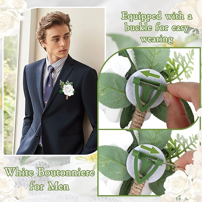 20 Pcs White Rose Corsage and Boutonniere Set, Boutonniere for Men and Wristlet Band,Prom Flower Wrist Corsage Bracelet for Wedding Ceremony Accessories Prom Suit Decorations