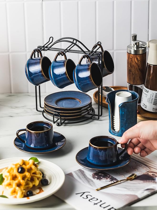 YHOSSEUN Espresso Cups Set of 6, 4 OZ Expresso Shots Cup Small Coffee Cup with Sacuers Metal Stand, Ceramic Espresso Cups for Cappuccino, Latte, Cafe Mocha and Tea, Blue