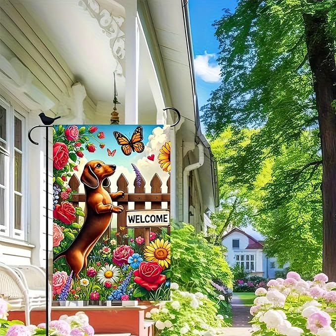 HOMETITUTE Welcome Garden Flag Spring Summer Dog Garden Flag 12x18 Inch Double Sided Flags Dachshund Puppy Floral Fence Butterfly Outdoor Yard Lawn Porch Decor Banner