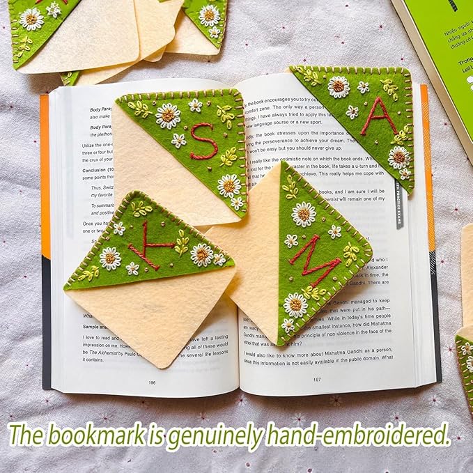Personalized Hand Embroidered Corner Bookmark, Bookmarks for Women, Personalized Bookmark for Book Lovers, Cute Flower Book Mark by HNQCPCVU (T, Green)