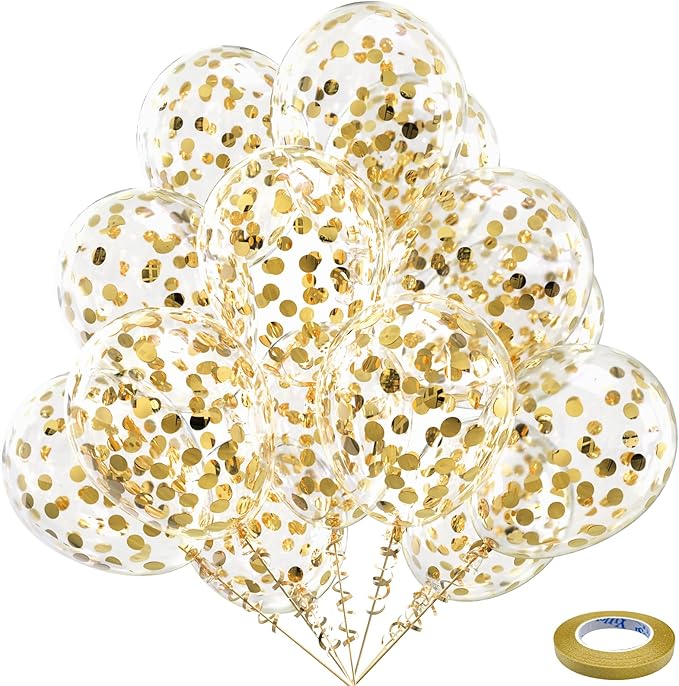 Bezente Gold Confetti Latex Party Balloons - 60 Pack 12 inch Helium Gold Confetti Balloons with Golden Paper Confetti Dots for Wedding Graduation Bridal Shower Birthday Party Decorations