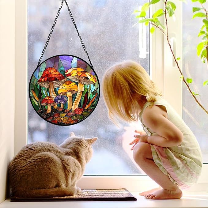 Stained Glass Window Hanging, Jungle Mushrooms Sun Catchers Diamond Glass Panel Hangings Plant Suncatcher Decor for Birthday for Women,Men, Wife, Aunt,and Mom 6.3X6.3 in