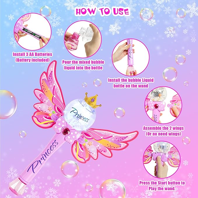 Princess Bubble Wand,Bubble Machine for Kids Girls,Music & Light Up Bubble Blower,Bubble Maker,Outdoor Party Birthday Bubble Toy for Toddlers, for Girls Age 3 4 5 6 7 8 Years Old.(Pink)