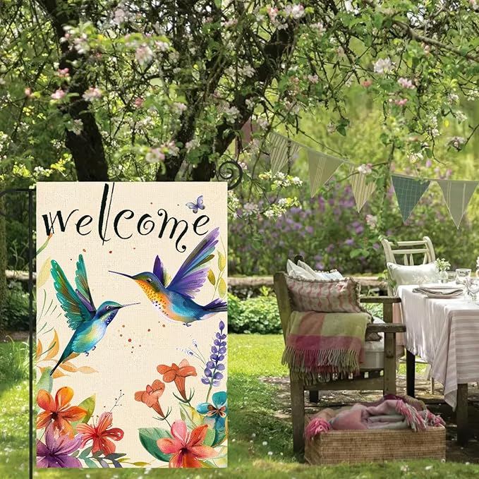 BlissYard Welcome Garden Flag Spring Summer Dog Garden Flag 12x18 Inch Double Sided Flags Pomeranian Puppy Butterfly Floral Outdoor Yard Lawn Porch Patio Decor Banner