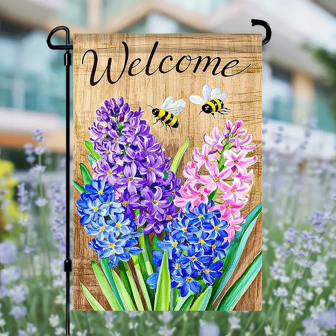 BlissYard Welcome Garden Flag 12x18 Inches Double Sided Small Flags with Hyacinths and Bees Design for Spring Summer Garden Flags Decoration Outside Outdoor Holiday Seasonal Decor Yard Flags