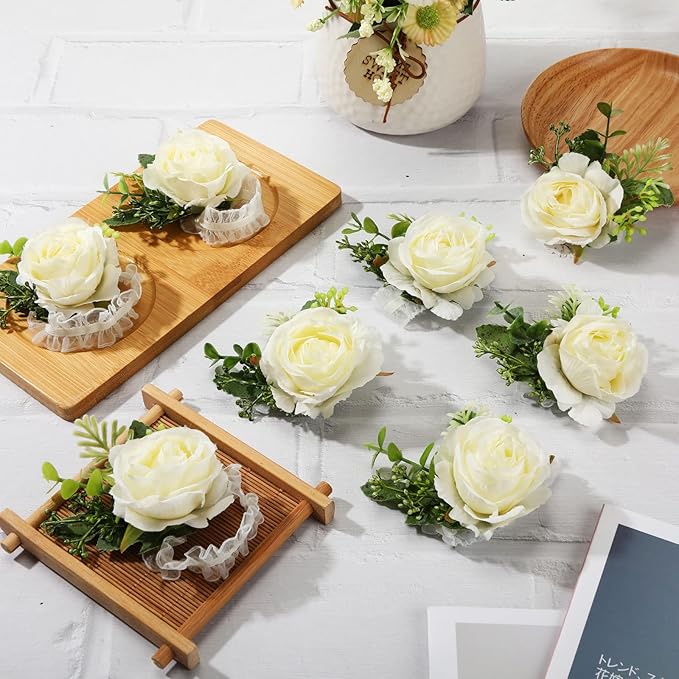Jexine 12 Pcs Rose Wrist Corsage Bracelets Wedding Bridal Wrist Artificial Flower Wristband Flower Hand Decor for Bride Bridesmaid Homecoming Prom Party Decor(White Elegant)