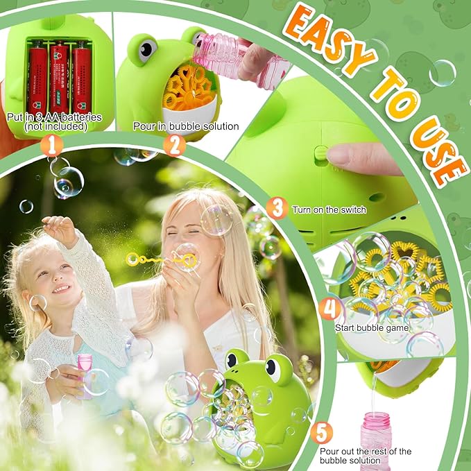 Frog Bubble Machine Toys for Kids 3-8 Years Old: Bubble Blower Maker with 2 Solutions, Outdoor Party Toy, Birthday Gift for 3 4 5 6 7 8 Year Old Girls Boys