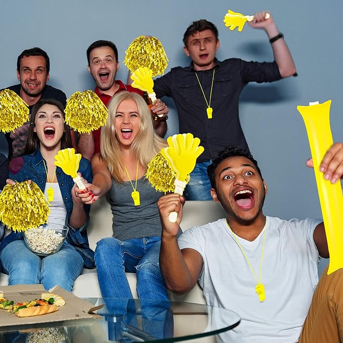 Yunsailing 96 Pcs Homecoming Noisemakers Team Spirit Accessories for Game Day Include Hand Clappers Cheerleading Pom Pom Thunder Stick Cheer Party Blower Plastic Whistle for Sport Fans(Gold)