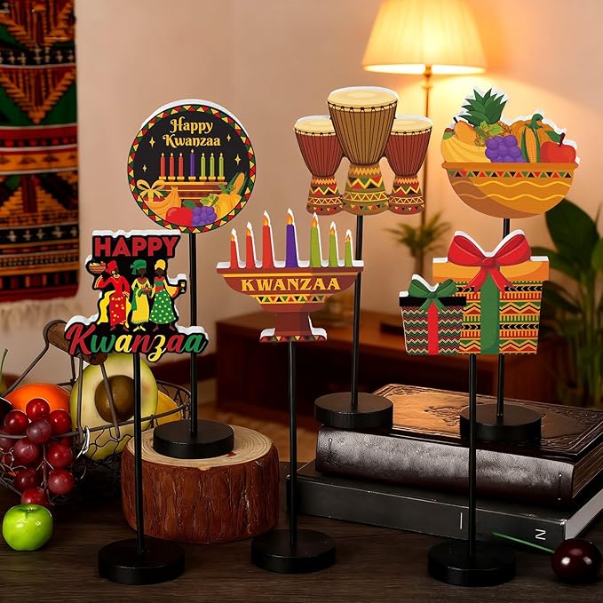 6 Pcs Kwanzaa Table Decor Happy Kwanzaa Decoration for Table Centerpieces Wooden Standing Signs Tabletop Decor for Home Office Room Desk Party Supplies