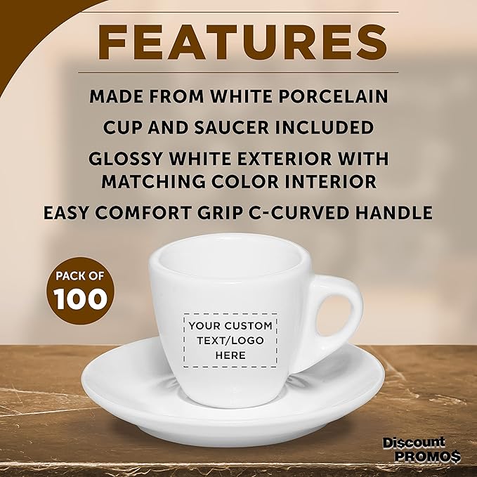 Custom Espresso Cups with Saucer 2.5 oz. Set of 100, Personalized Bulk Pack - Perfect for Coffee, Tea, Espresso, Hot Cocoa, Other Beverages - White