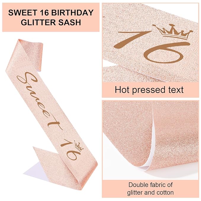 Semato Sweet 16 Party Decorations Set - Rose Gold 16th Birthday Crown and Sweet 16 Sash Glitter Kit for Girls Birthday Happy Birthday Girl Tiara Birthday Party Supplies and Favors