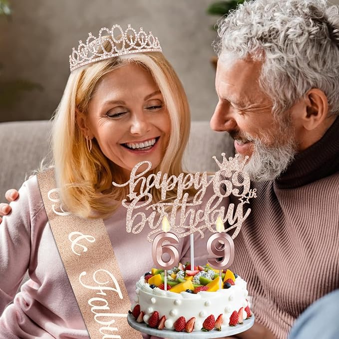 69th Birthday Decorations for Women, Including Birthday Sash, Crown/Tiara, Candles, Cake Topper, 69 Year Old Gifts for Women