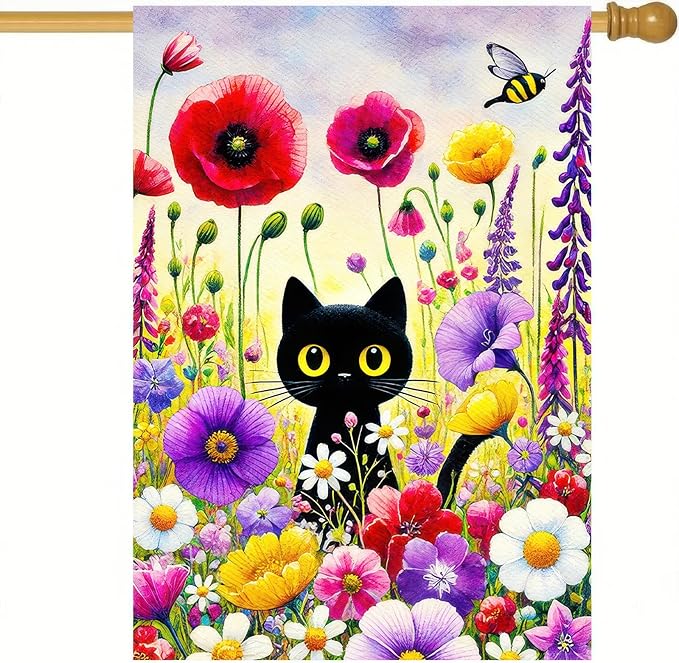 BlissYard Spring Black Cat Garden Flag Funny Floral Cat Garden Flag 12×18 Inch Double Sided Welcome Yard Flag Spring Seasonal Outdoor Colorful Floral Farmhouse Holiday Outside Decorations