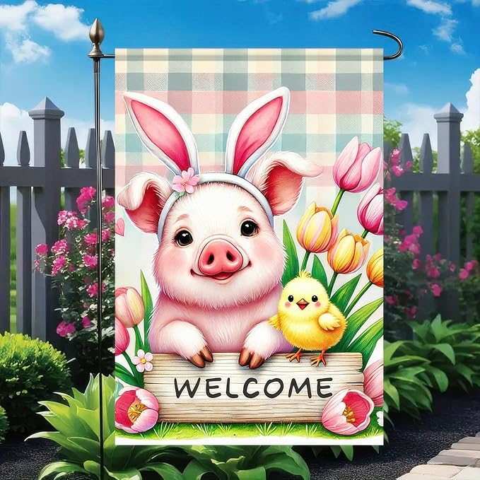 BlissYard Easter Pig Garden Flag 12x18 Inch Double Sided Yard Banner with Bunny Ears and Chick Design Spring Tulip Flower Farmhouse Outdoor Lawn Patio Decoration