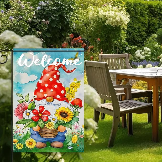 BlissYard Easter Garden Flag 12x18 Inch Double Sided Cute Gnome Garden Flags Spring Gnome and Flowers Theme Yard Flag Polyester Yard Decoration for Outdoor Lawn and Patio