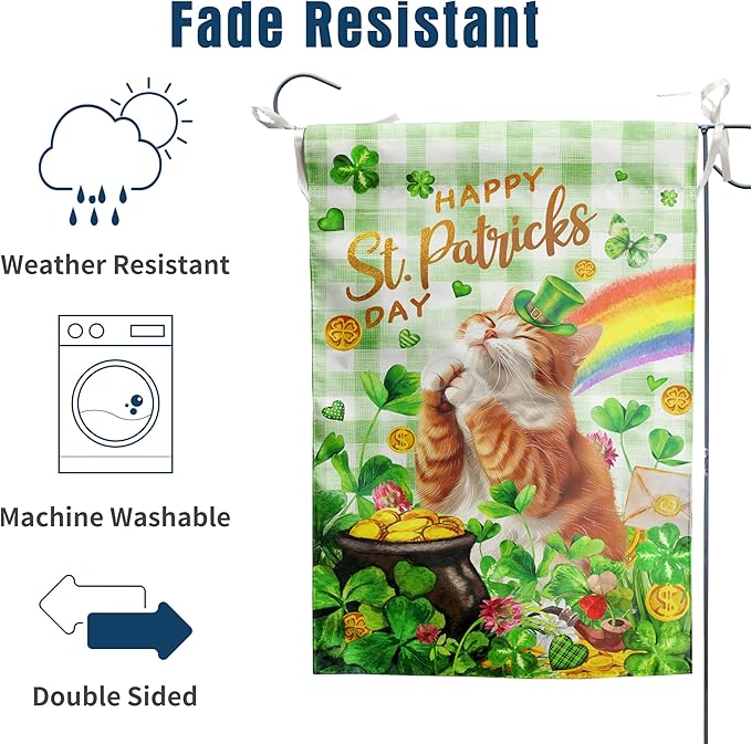 Orange Cat St Patricks Day Garden Flag Cat St Patrick's Day Yard Flags for Outside 12x18 Double Sided Buffalo Plaid Shamrock Flag Small Outdoor Rainbow St Patrick's Decor