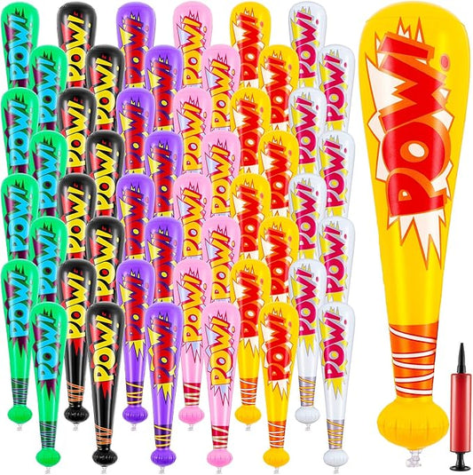 WILLBOND 17 Inch Inflatable Baseball Bat Bulk Baseball Party Favors Decorations, Inflatable Toys Blow up Bat with 1 Pump for Sports Theme Supplies(48 Pcs,Yellow Pink Green Black Purple and White)