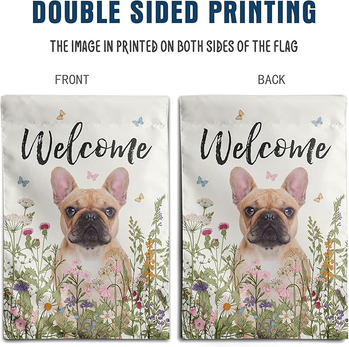 Floral French Bulldog Garden Flag Spring Summer Yard Flag Flower Dog Garden Flags for Outside Small Outdoor Welcome Flags 12x18 Double Sided