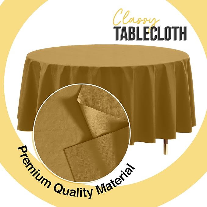 Exquisite 66% Thicker Premium Gold Round Tablecloth 0.5 Mil 6 Pack Plastic Table Cloth Disposable 84 Inch Round Plastic Tablecloth Won't Tear Easily Like Cheap Thin Brands