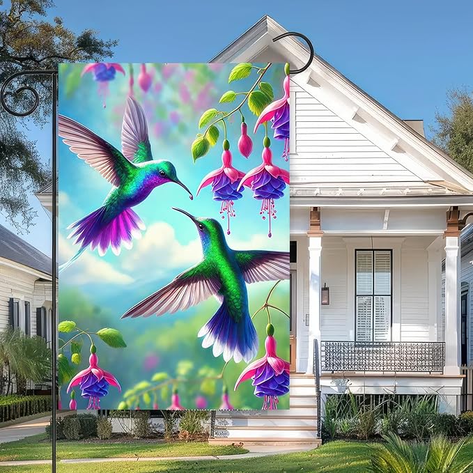 BlissYard Spring Garden Flag Double Sided 12 x 18 Inch Hummingbird Garden Flag Welcome Flags Floral Flowers Yard Flag Vintage Spring Yard Lwan Flag House Seasonal Farmhouse Outside Outdoor Decoration