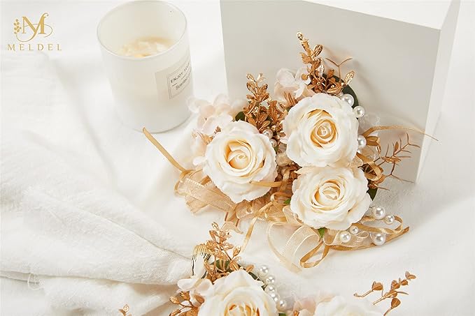 Meldel Rose Wrist Corsage for Girls Women Bride Bridesmaid, Set of 6, Champagne Hand Flower Wedding Artificial Flowers Accessories for Prom Party