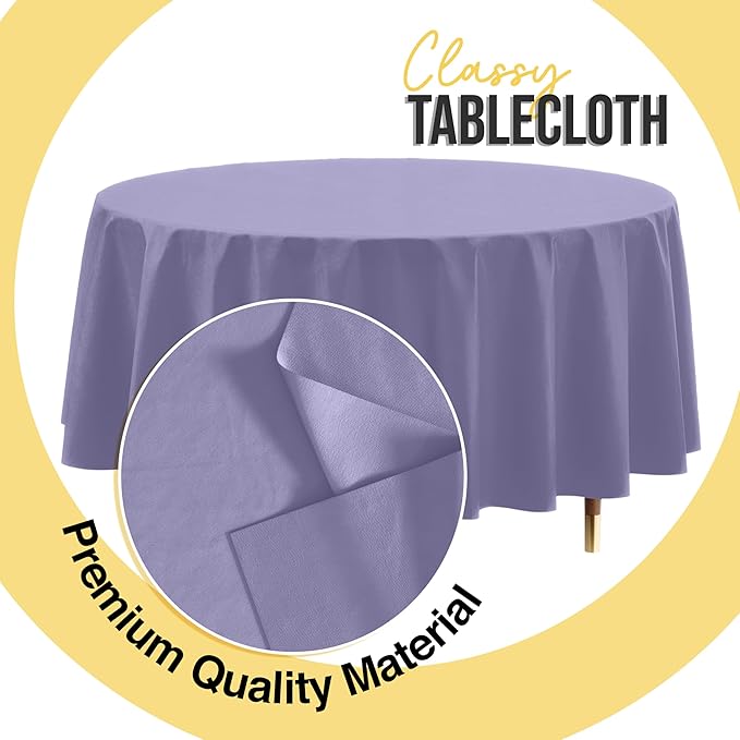 Exquisite 66% Thicker Premium Lavender Round Tablecloth 0.5 Mil 24 Pack Plastic Table Cloth Disposable 84 Inch Round Plastic Tablecloth Won't Tear Easily Like Cheap Thin Brands