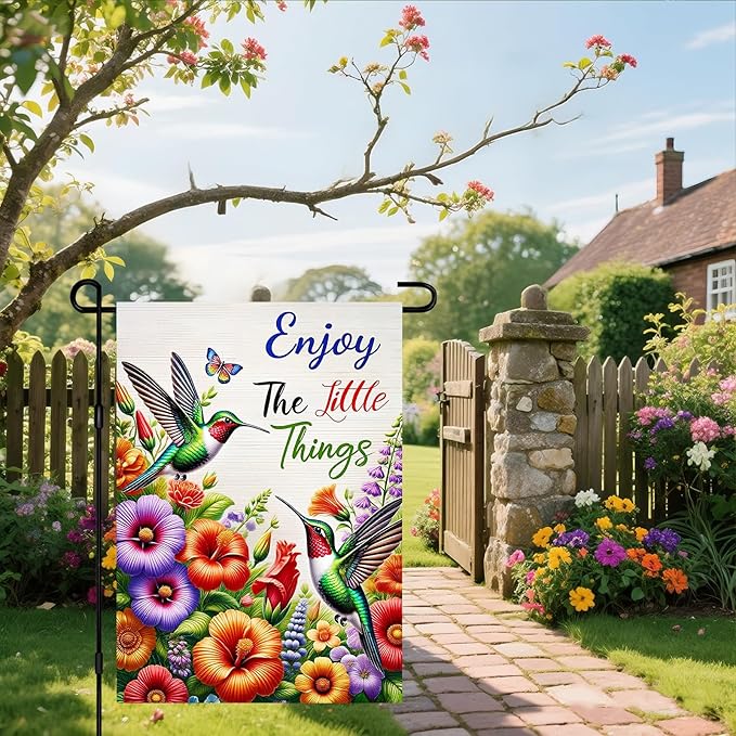IVN Christmas Garden Flag 12x18 Inch Double Sided Hummingbirds Butterfly Colorful Flowers Enjoy the Little Things Outdoor Yard Flag for Outside Front Door Lawn Porch Patio Welcome Decor