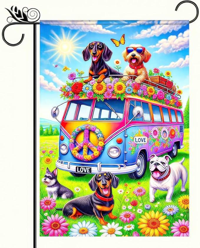 BlissYard Spring Garden Flag 12x18 Inch Double Sided Dachshund Bus Small Flags For Outside Outdoor Decor Yard Farmhouse Holiday Spring Summer Seasonal Decorations Yard Flags