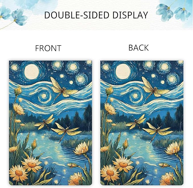 Welcome Summer Dragonfly Garden Flag Starry Night Garden Flag Small Flowers Vertical Double Sided Rustic Farmland Burlap Yard Lawn Outdoor Decor 12.5x18"