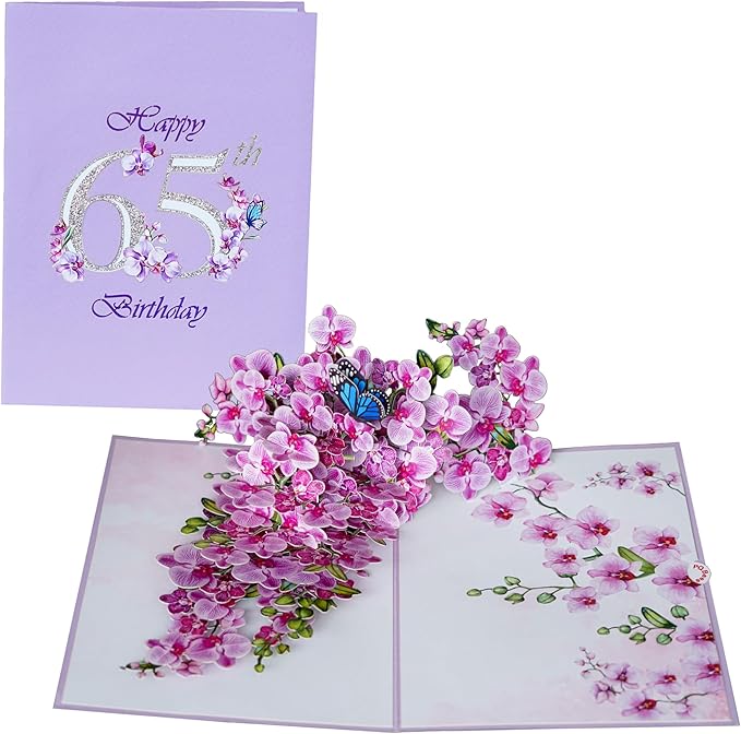 Orchid Happy 65th Birthday Card, 3D Birthday Cards for Women, 6x8in Pop Up Gifts for Mom, Wife, Him, Her, Daughter, Sister, Grandma (65th BD 6x8)