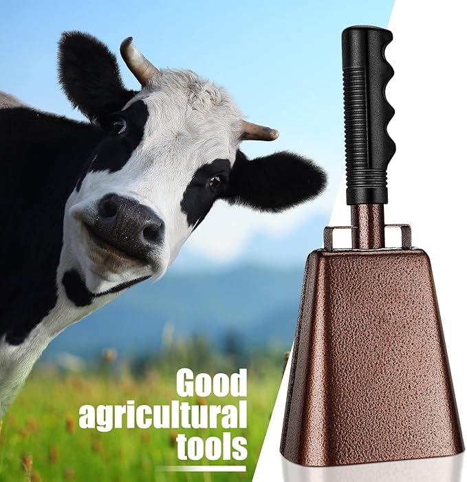 Nuanchu 10 Inch Cowbell Noise Makers for Sport Event Steel Cowbell with Handle and 2 Pcs Wooden Spinning Rattle Ratchet Matraca Cheer Bell Alarm for Football Game Musical Percussion Instruments(Brown)