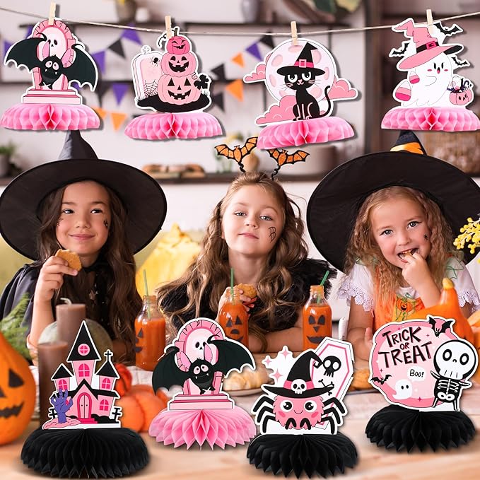 12PCS Halloween Table Decorations Pink Black Halloween Centerpieces for Tables Cute Ghost Honeycomb Centerpiece Summerween Decor for Halloween Party Baby Shower Girls Birthday Supplies