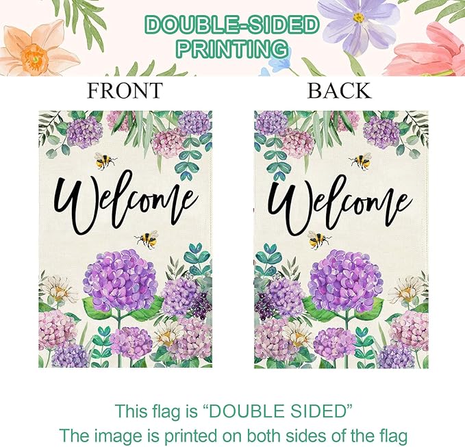 Baccessor Spring Summer Hydrangea House Flag Double Sided 28x40 Inch, Purple Flower Floral Welcome House Flag Burlap Seasonal Farmhouse Yard Outdoor Decoration (Large)