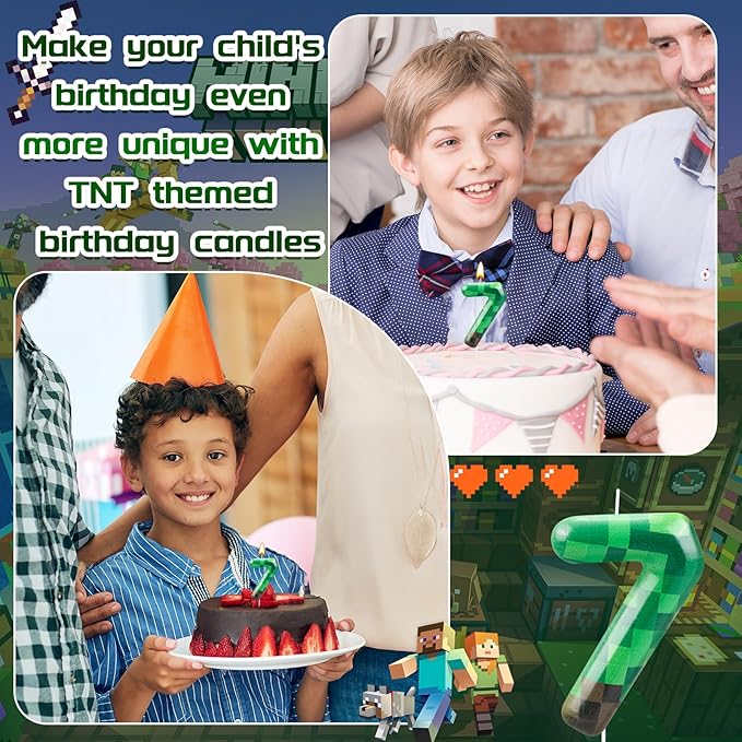 TNT Themed Birthday Cake Candle Number 7 Dynamite Themed Green Candle Cake Topper for Pixel Theme Birthday Party Decoration