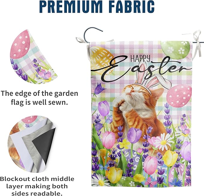 Happy Easter Cat Garden Flag Orange Cat Spring Flags Buffalo Plaid Bunny Eggs Yard Flag for Outside 12x18 Double Sided Small Decorative Floral Outdoor Flag