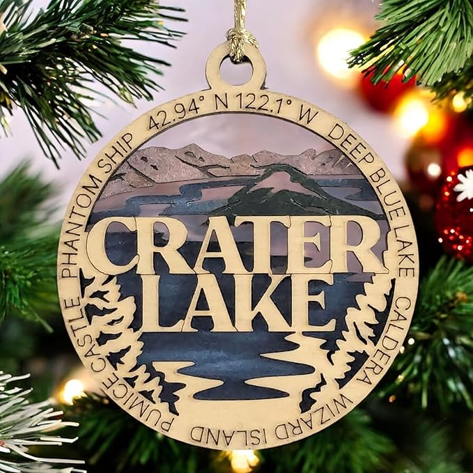 Crater Lake National Park Wood Ornament - Laser Cut Christmas Decoration, Handmade in Oregon USA