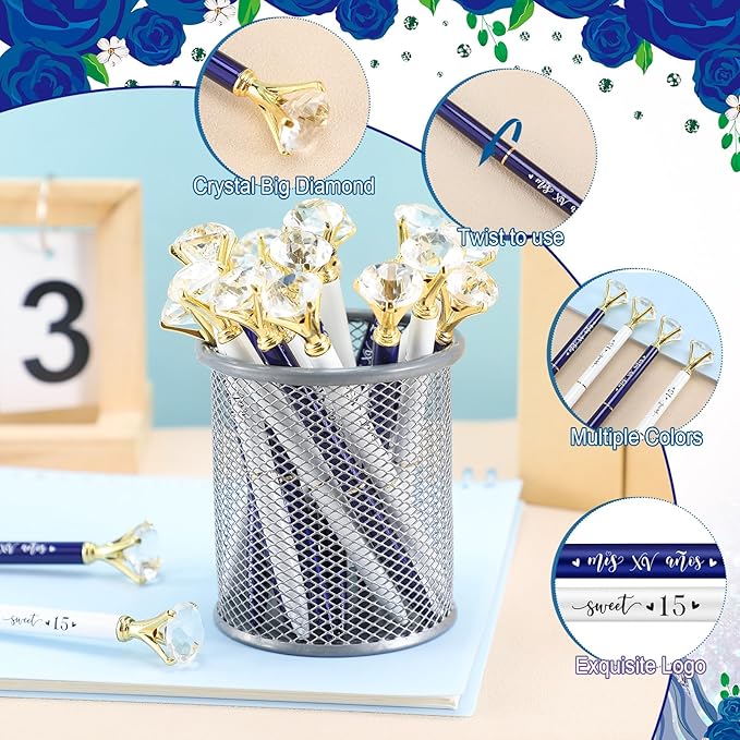 50 Set Quinceanera Party Favors for Guest Sweet 15 Diamond Pens Bulk Mis XV Años Fancy Ballpoint Pen with Thank You Cards and Ties 15th Birthday Thank You Gifts(White, Royal Blue)