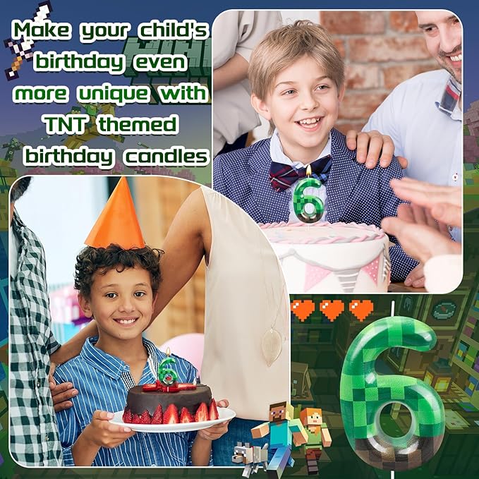 TNT Themed Birthday Cake Candle Number 6 Dynamite Themed Green Candle Birthday Party Decoration Cake Topper for Pixel Theme Birthday Party Anniversary Party Dynamite Party Video Game Party (Number 6)