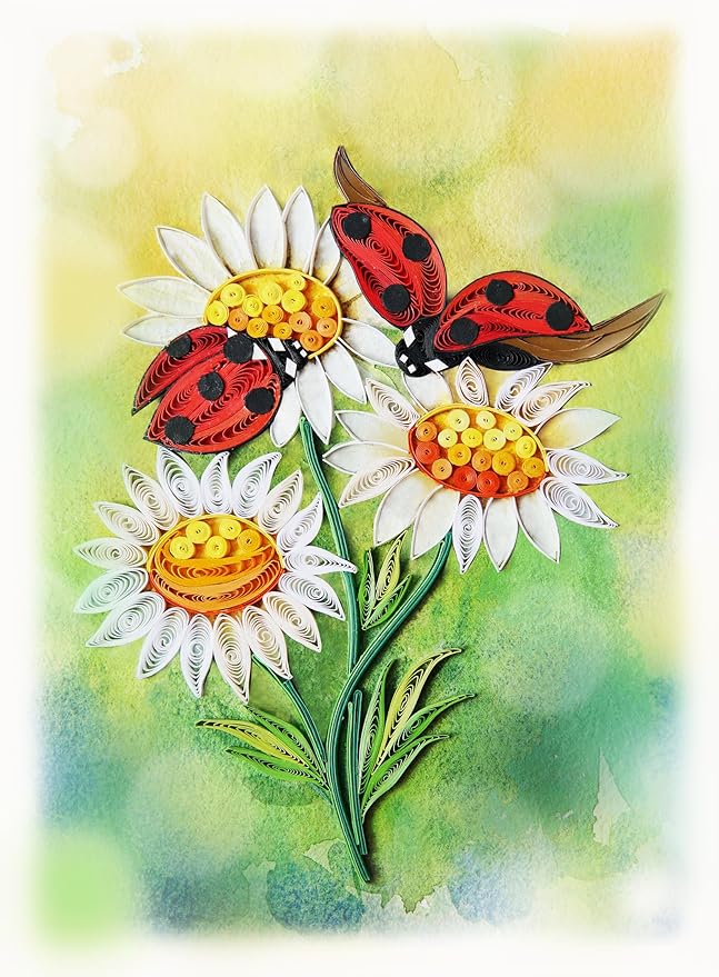 Mother's Day Card, White Daisy and Ladybug Greeting Card, Animals Quilled Quilling Birth Month Flower Born in April, for Mom, Grandma, Daughter (White Daisy and Ladybug)